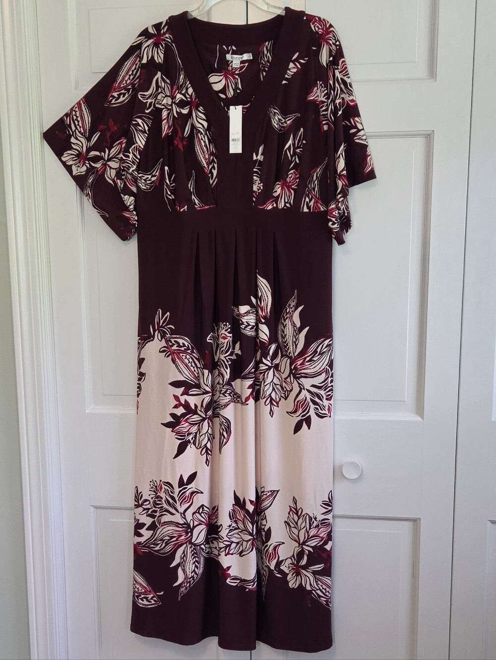 Chico's Burgundy and Cream Floral V-Neck Maxi Dress